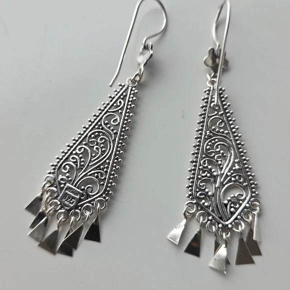 Vintage 925 Sterling Silver Filigree Dangle Earrings Boho Statement Fringe Light - Picture 3 of 8